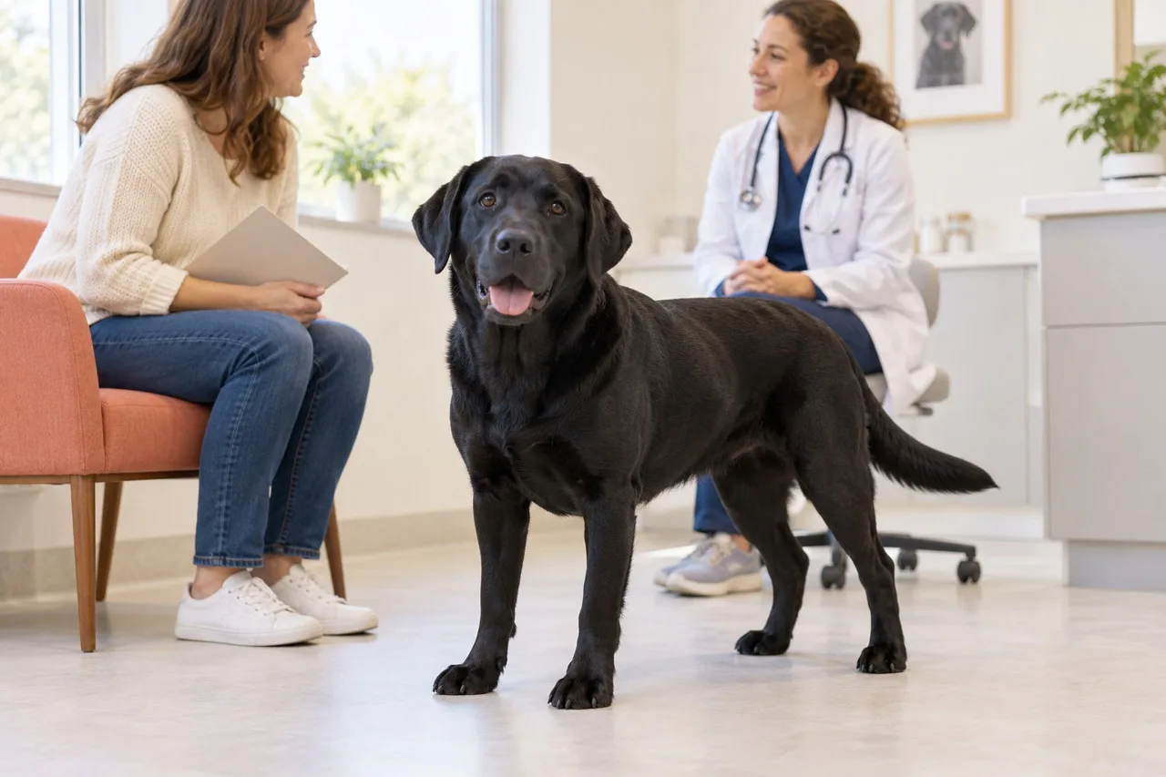 Veterinarian beside a standing black dog while its owner sits nearby